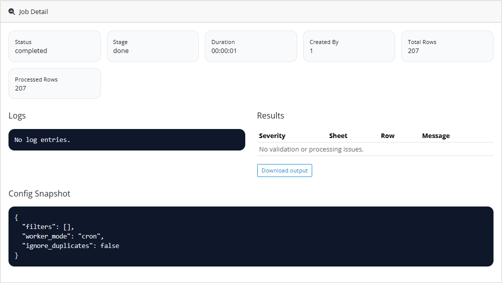 BulkPort job detail with results and output download