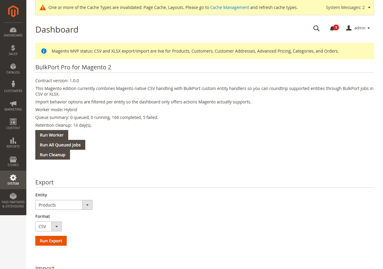 BulkPort Pro dashboard inside Adobe Commerce