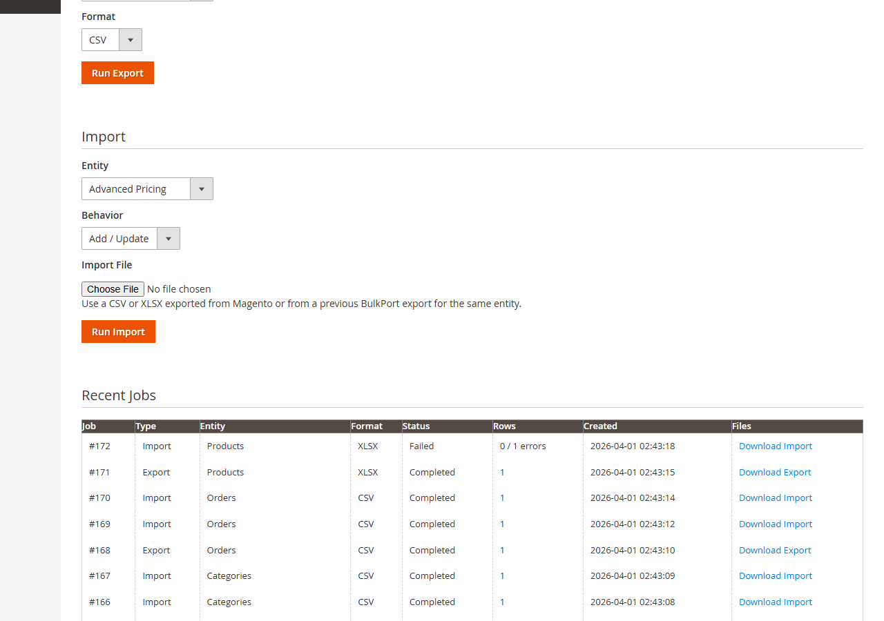 BulkPort import settings and recent jobs